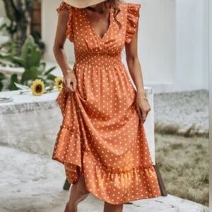 BP Nordstrom Orange and White Smocked Ruffle Polka Dot Midi Dress XL